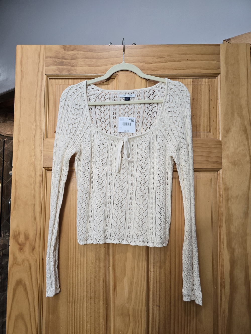 American Eagle Outfitters Cream Open-Knit Long Sleeve Tee